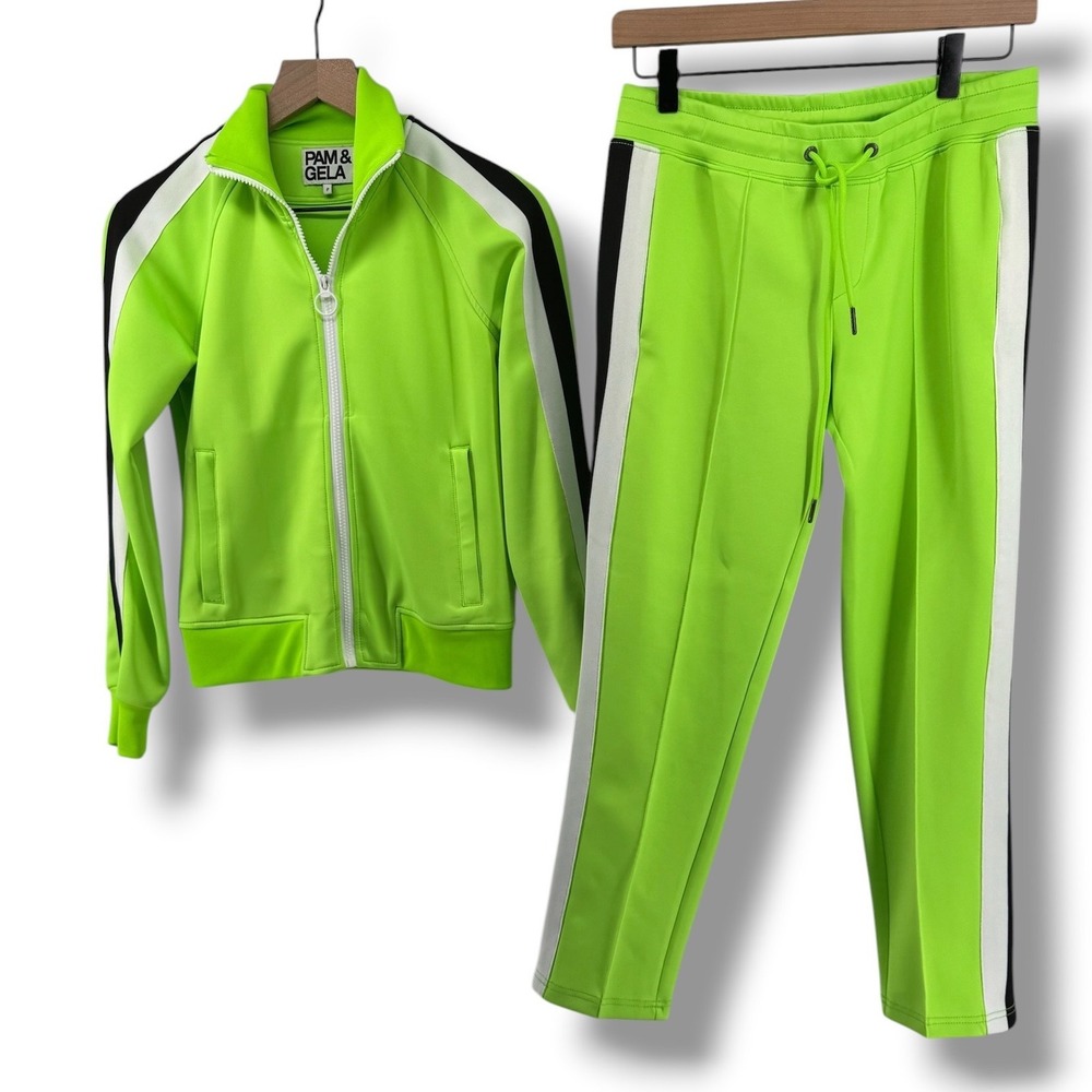 Pam & Gela Tracksuit Set Womens XS/S Neon Green Side Stripe Athleisure Y2K Retro